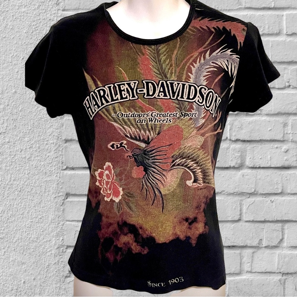 Harley-Davidson Phoenix & Fire on Black Fitted Graphic Tee - Women’s Size MEDIUM